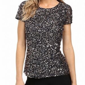 Adrianna Papell Sequins Cap Sleeve Mesh Blouse